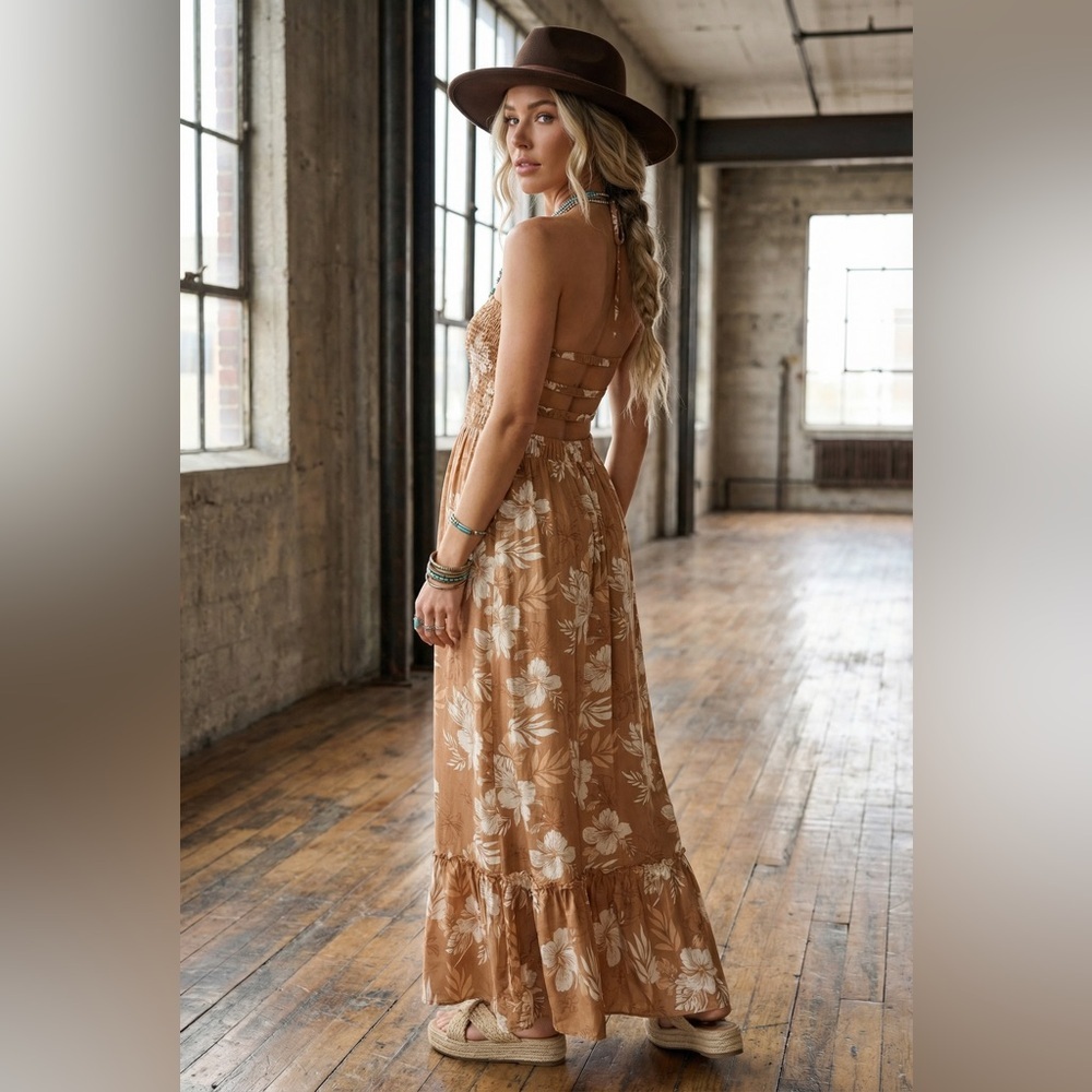 NWT Promesa Boho Tropical Floral Strappy Back Smocked Halter Maxi Dress - Picture 6 of 6